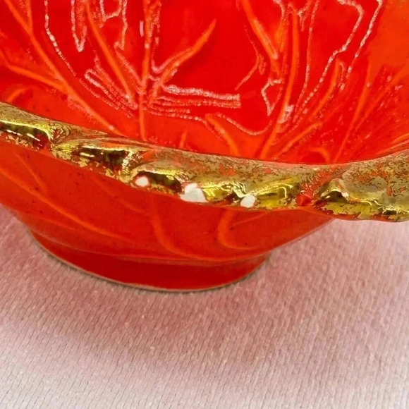 Vintage California Pottery Leaf Shaped Bowl Orange #594 Gold Dust Trim USA - Picture 9 of 11